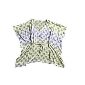 Weill Paris 100% Silk Polka Dot Kaftan Top Green Lavender V-Neck Size 14